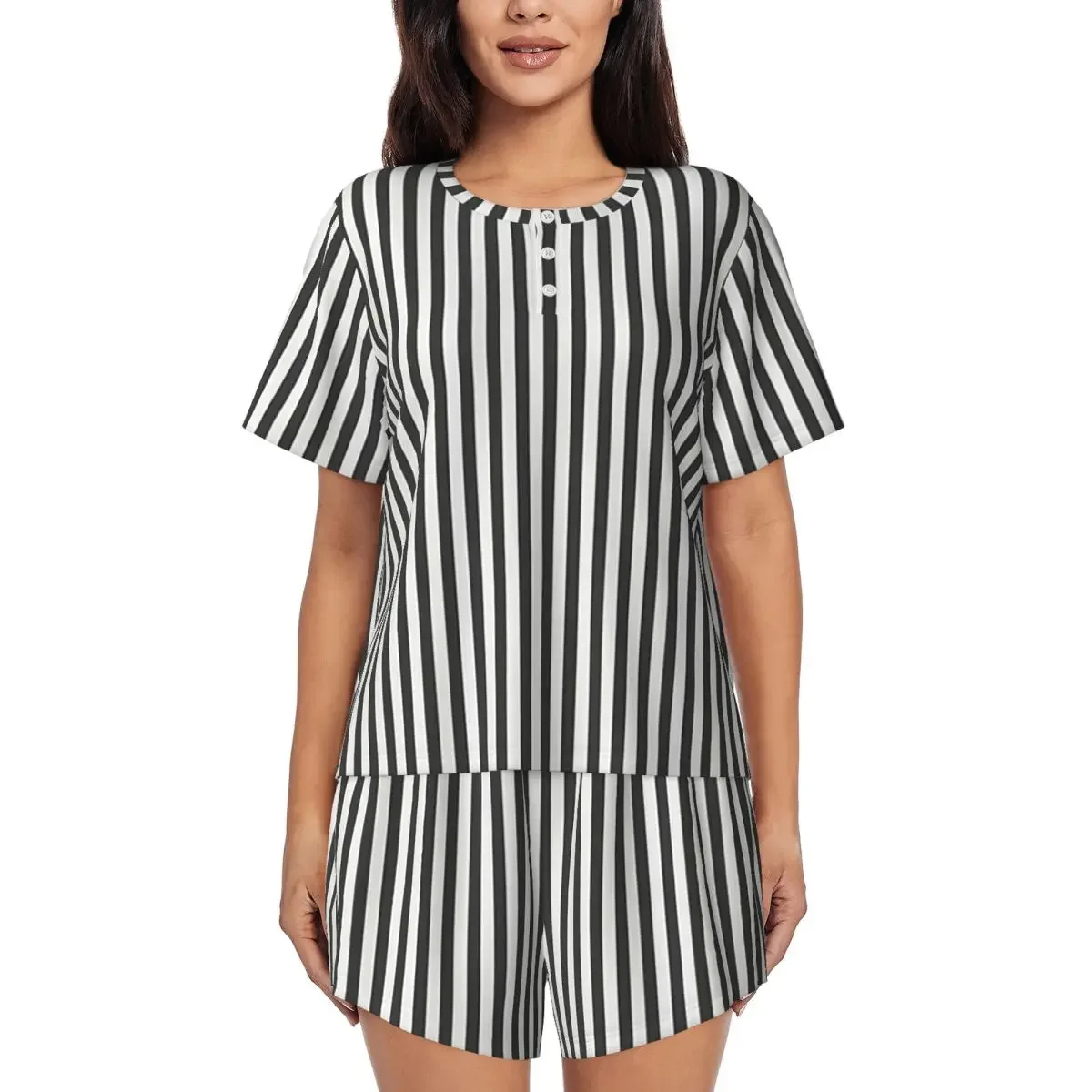 

Vertical And Horizontal Diagonal Stripe Round Neck Short Sleeves Nightdress for Sleeping Women Loose Pajama Set Short Pants