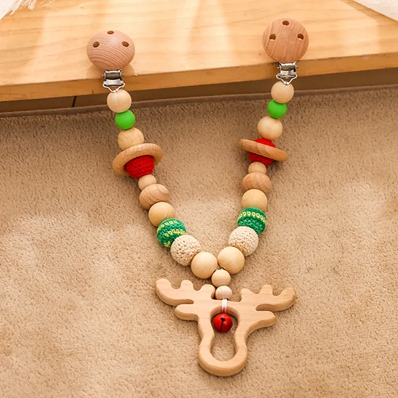 Bite Bites 1set Baby Wooden Teether Pacifier Clip Chain Beech Rodent Ring Baby Nursing Rattle Food Grade Perle Silicone Bead Toy