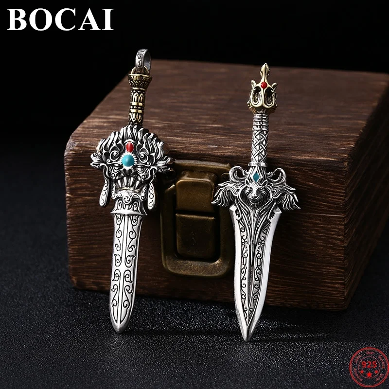 BOCAI S925 Sterling Silver Pendants for Women Men Vajra Pestle Lion Totem  Warrior Sword Argentum Jewelry Free Shipping