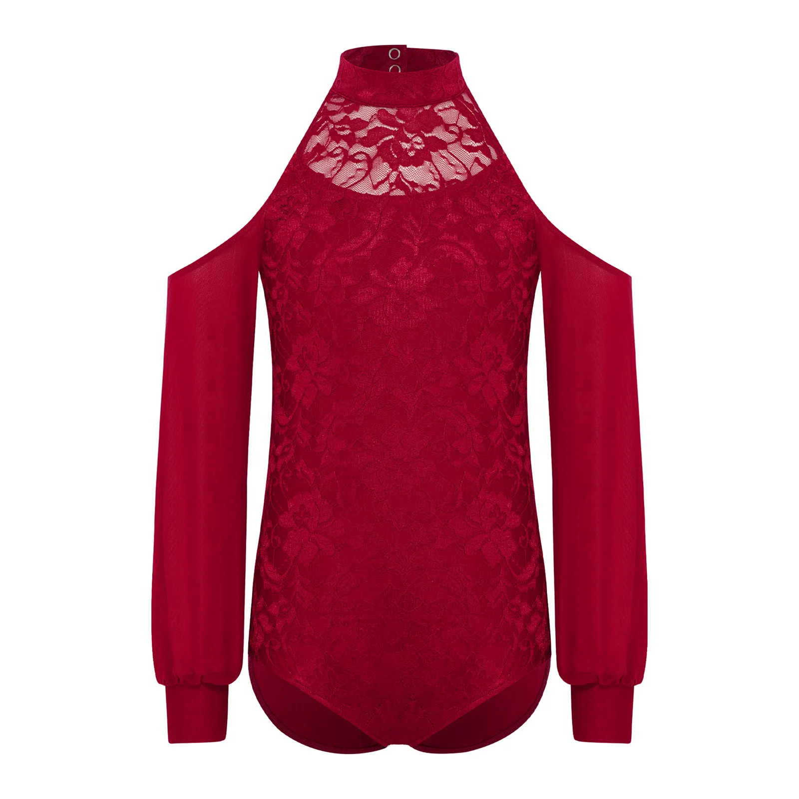 

Kids Girls Ballet Leotard Cold Shoulder Mock Neck Sheer Mesh Cutout Long Sleeves Bodysuit Gymnastics Figure Skating Dancewear