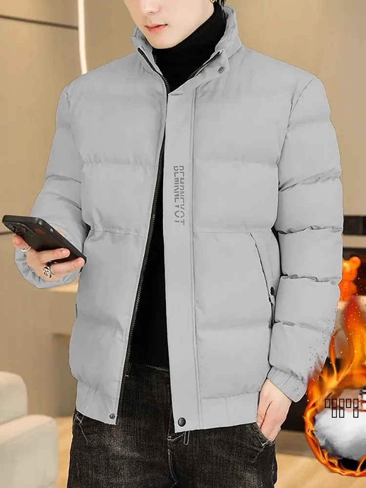 

Men's Faion Thiened down Cotton Jaet Warm Outerwear Youth Sle Regular Sve Long Zipper Closure Bla Cotton Coat