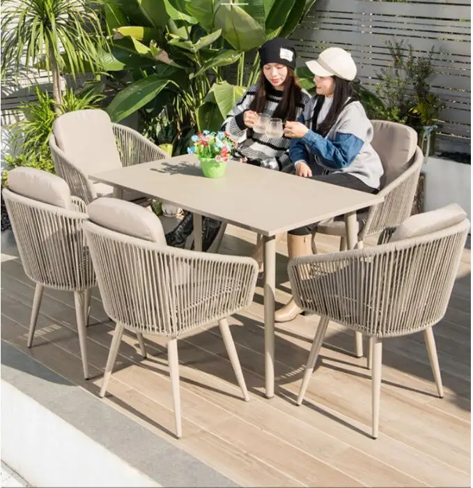 

Outdoor table and chair combination Villa garden Nordic terrace table rope woven dining chairs courtyard outdoor casual tables