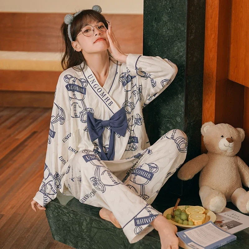 Cute Rabbit Pajamas Women Cute Kawaii Long Sleeves Long Pants Shawl Collar Autumn Winter Pyjamas Lady Sleepwear Girls Pijamas