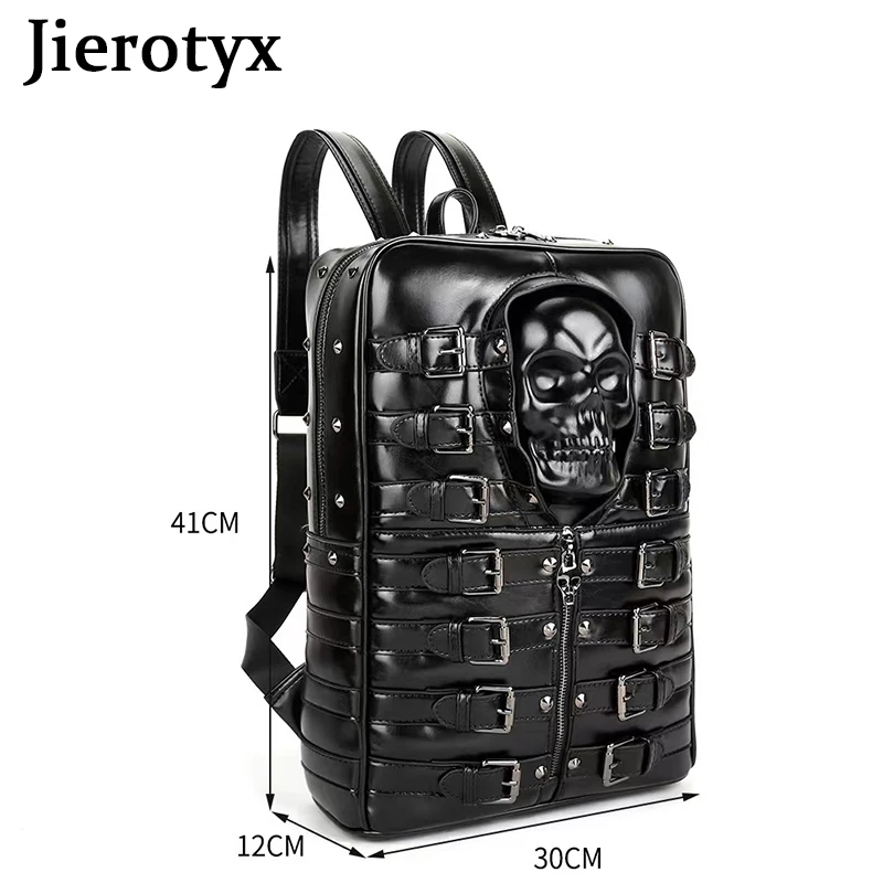 Saco de viagem estilo punk jierotyx para mulher e homem crânio preto daypack mochila fivela de cinto decoração esqueleto gótico sacos grande