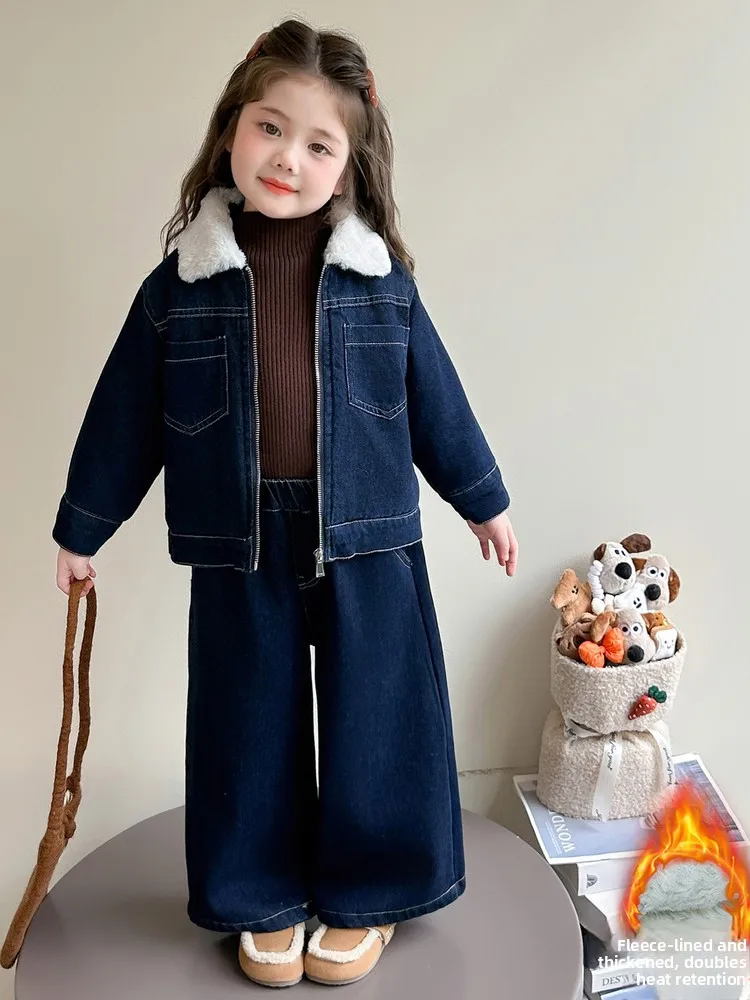 

Girls Fce Lined Denim Faionable Warm Two Piece Set High Waist Long Sve Jaet And Pants Autumn Winter Kids Clothing