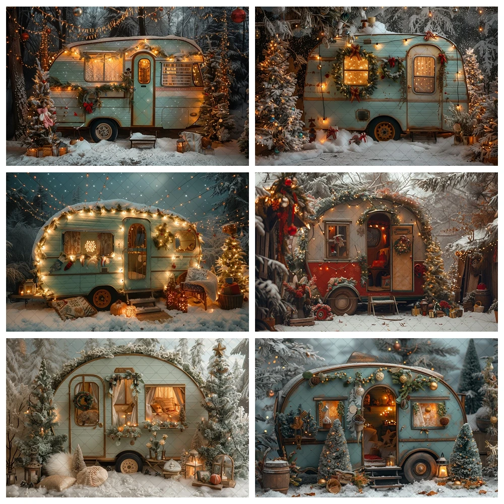 

Winter Christmas Vintage Car Photography Background Camping Forest Xmas Trees Kids Family Portrait Decor Backdrop Photo Studio