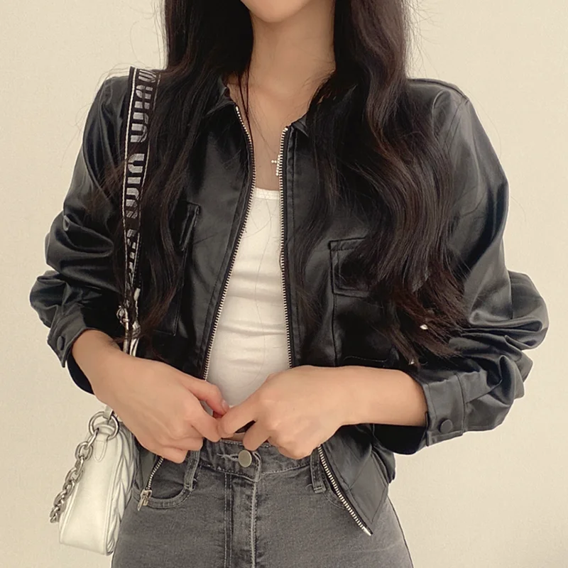جاكيت جلدي قصير أنيق للنساء، تصميم عصري لفصل الخريف مع سحاب، أكمام طويلة، ياقة عالية، جيبان، جاكيت راكبي الدراجات النارية الأنيق