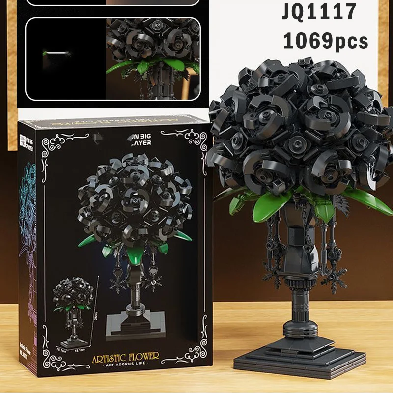 

Eternal Black Flower MOC Building Blocks Bouquet Desktop Ornament 1069PCS Assembly Puzzles Model Toys Small Bricks Girl Gifts