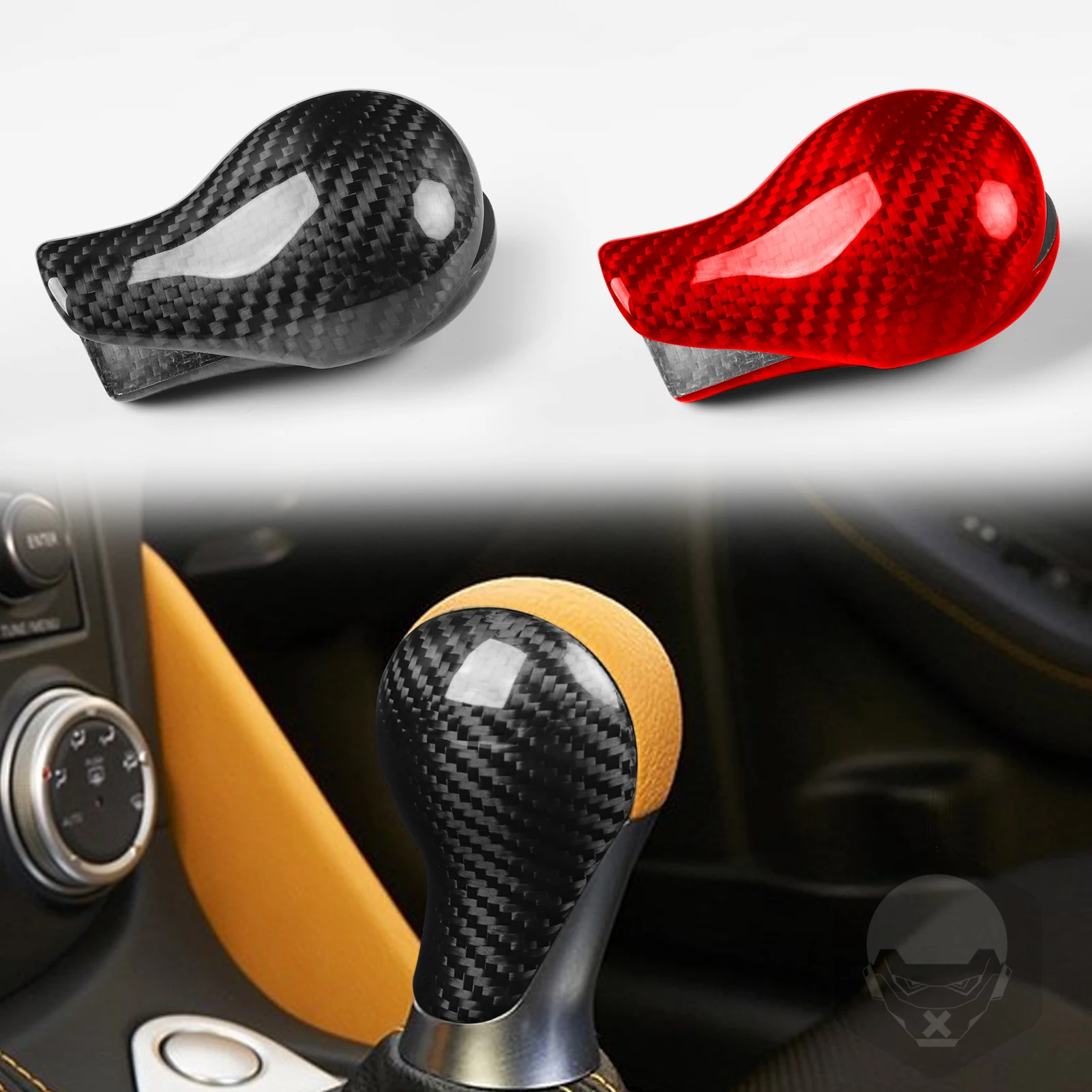 

For NISSAN 370z 2009 2010 2011 2012 2013 2014 2015 2016 2017 2018 Carbon Fiber Red/Black Gear Shift Head Knob Side Cover Trim