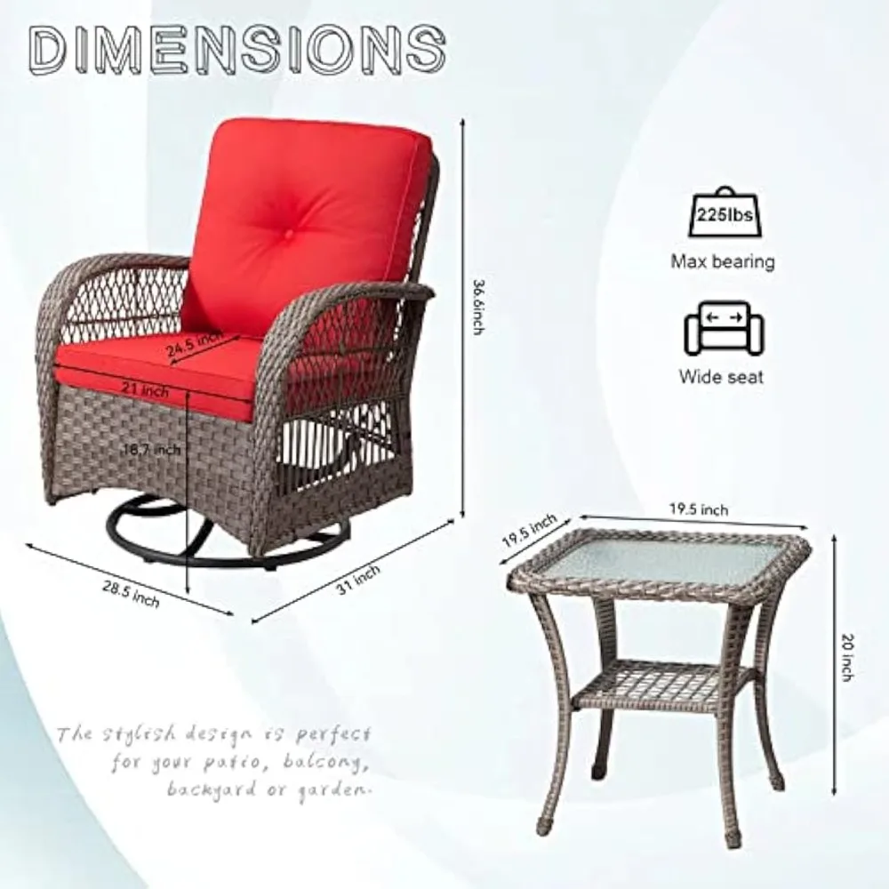 3-Piece Patio Wicker Swivel Rocking Chair Set, Outdoor Patio Furniture Chair with Side Coffee Table & Durable Fabric Cushion