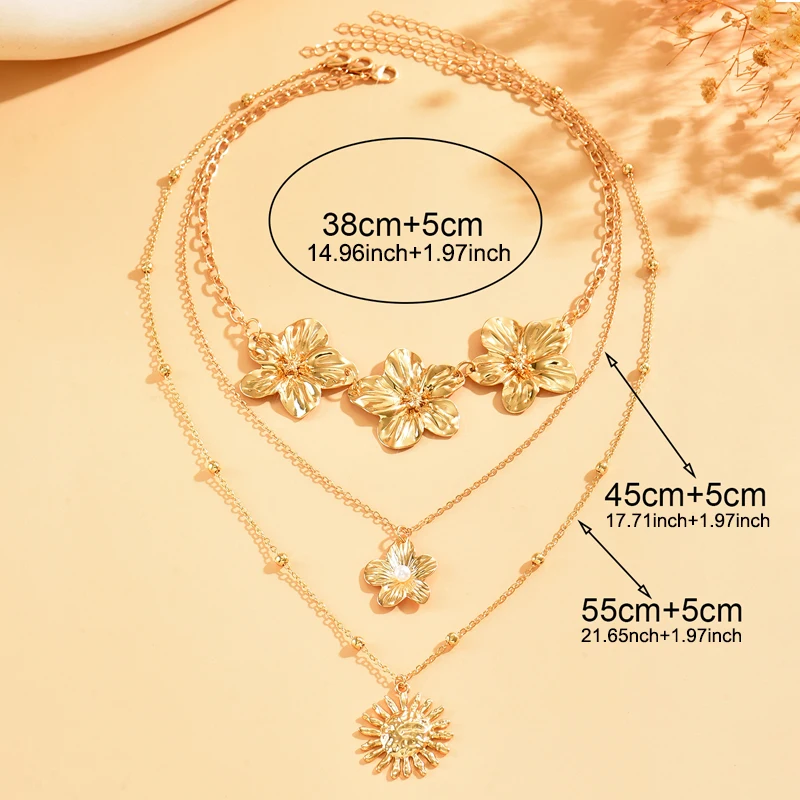 3Pcs Layered Gold Flower Sun Pendant Necklace Set for Women Faux Pearl Adjustable Dainty Boho Summer Beach Jewelry Gift