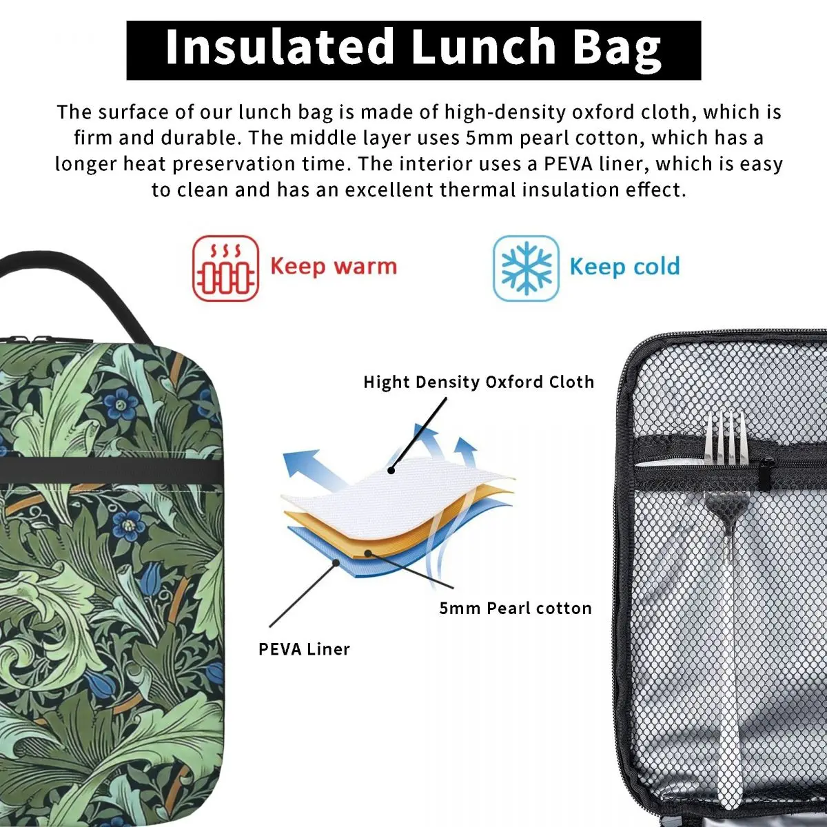 William Morris Design Thermal Insulated Lunch Bag for Office Portable Food Bag Container Thermal Cooler Lunch Box