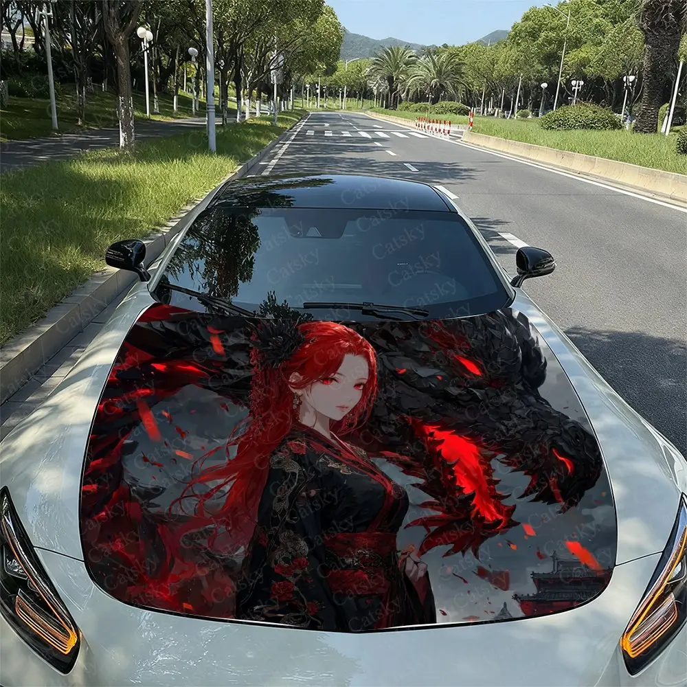 

Dramatic Black Dragon And Red Headed Girl Car Hood Packaging - PVC Vinyl Stickers, Car Graphic Cover Stickers, Fashionable Truc