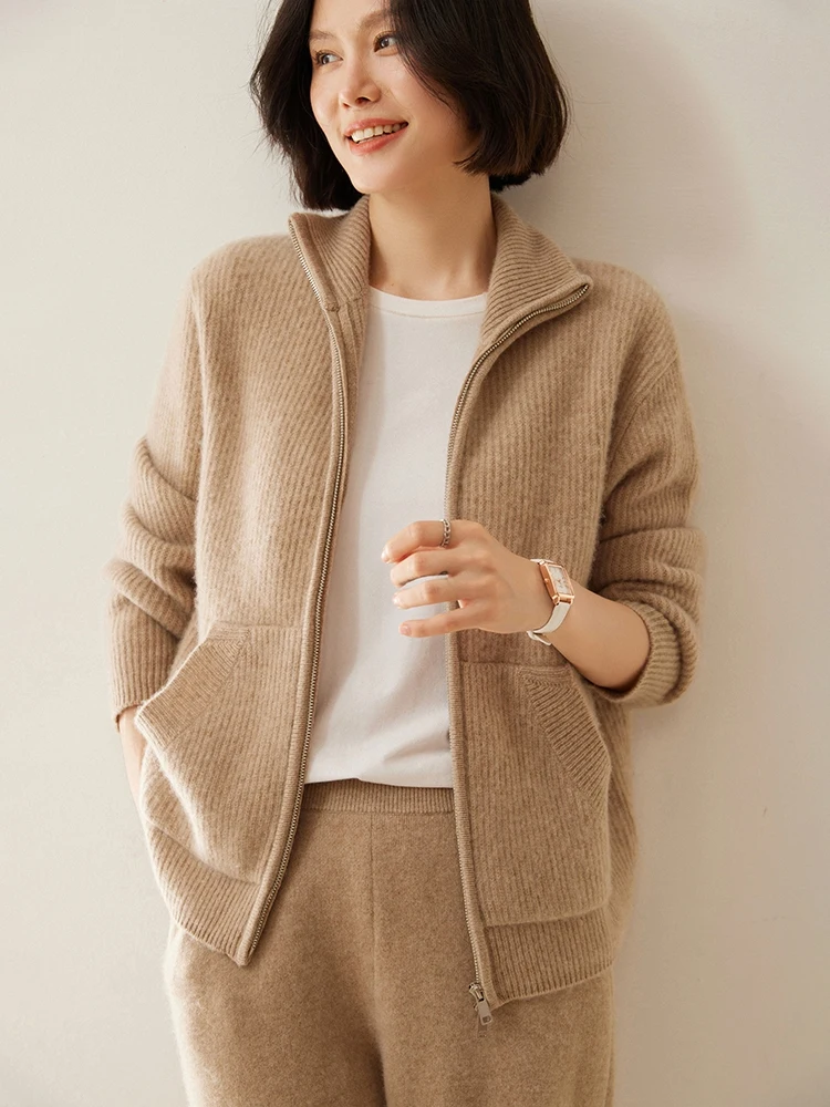 

High-quality Women's 100% Cashmere Zipper Cardigan Autumn Winter Turtleneck Cashmere Sweater Thickened Warm Clothing Tops Coat