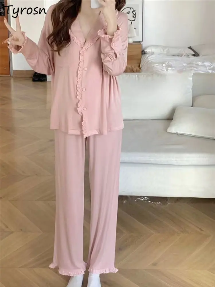 Pajama Sets Women Sweet Simple Sleepwear Casual Loose Ruffles Design Korean Style Soft Students Home Fashion Spring Elegant Cozy