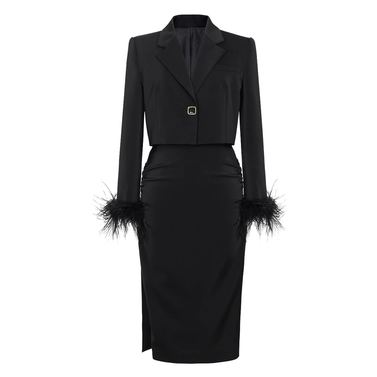 

Spot 2024 New Fashion Premium Ostrich Feather Long Sleeve Slim Temperament Commuter Women's Suit Skirt Set