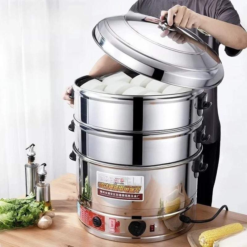 Electric Food Steamer Timer 220V Electric Steamer Stainless Steel, 35/40/47/52cm Large Capacity Commercial Steamer 3/4 Layer