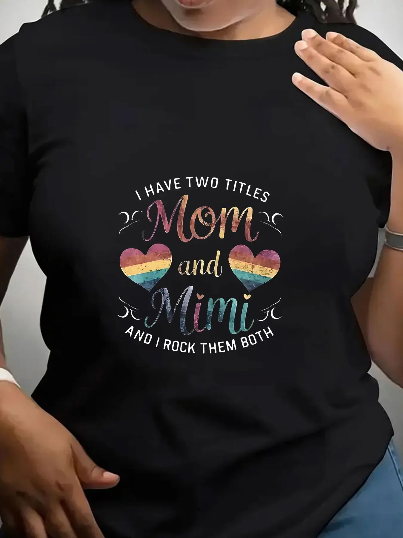 Women's Trendy Crew Neck T-Shirt I Have Two Titles Mom and Mimi and I Rock Them Both Suitable for Casual Sportswear