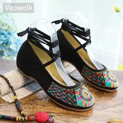 Veowalk Handmade Fashion Vintage Women's Old Peking Ballet Flats Ladies Embroidery Soft Sole Lace-Up Casual Shoes zapatos mujer