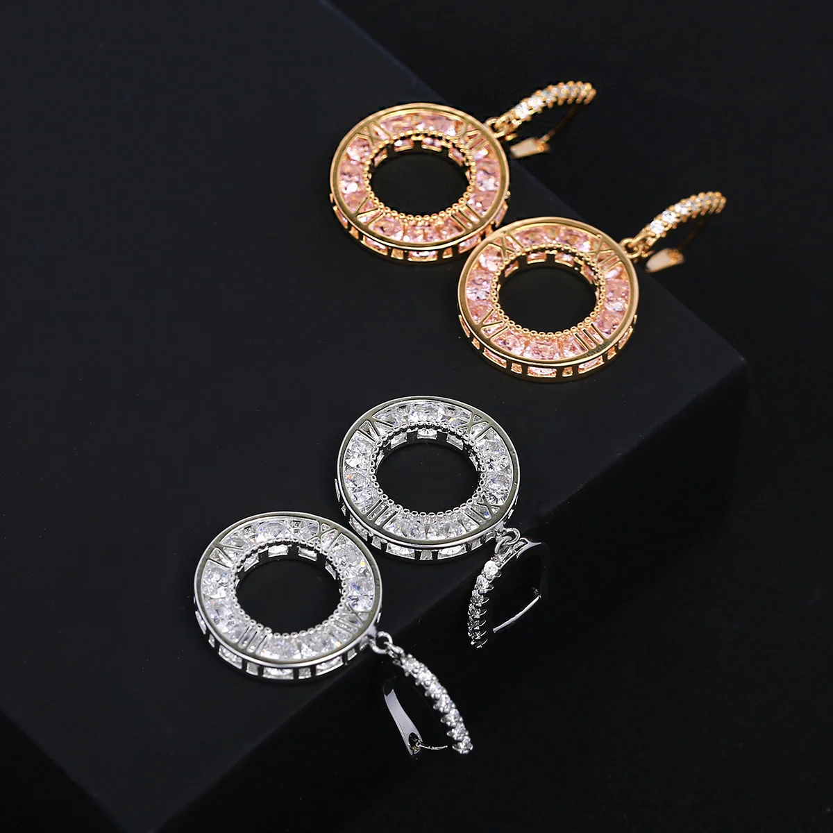 

925 Silver Roman Numeral Circle CZ Hoop Earrings, Sparkling Pink Clear Dangle, Luxury Party Jewelry for Women