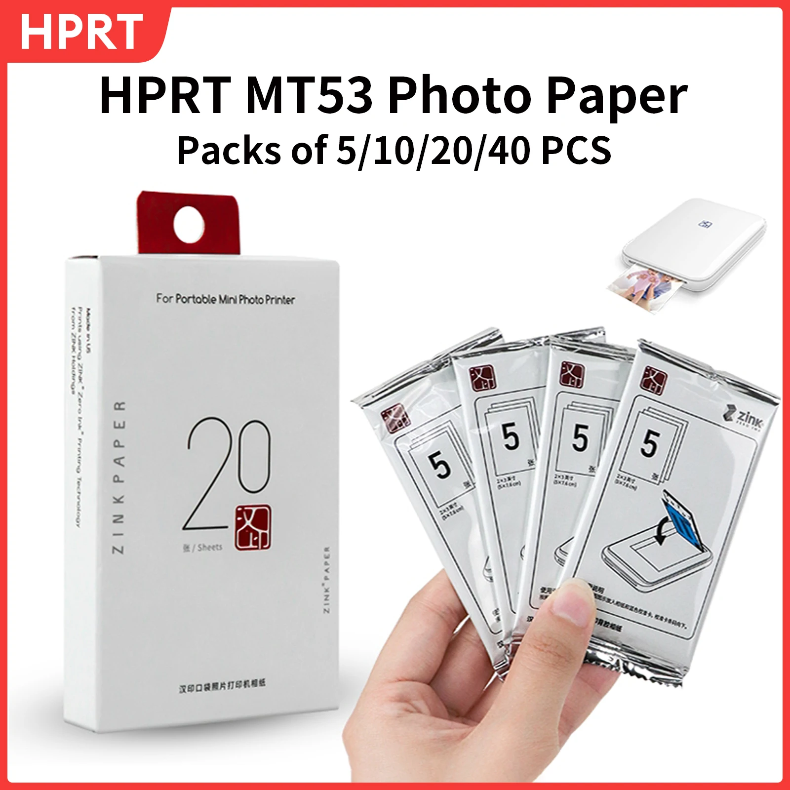 Papel Fotográfico Original HPRT MT53 3 Polegadas 5/10/20/40 Folhas Papel Adesivo Compatível com Impressora de Fotos Mini Pocket MT53/Z1