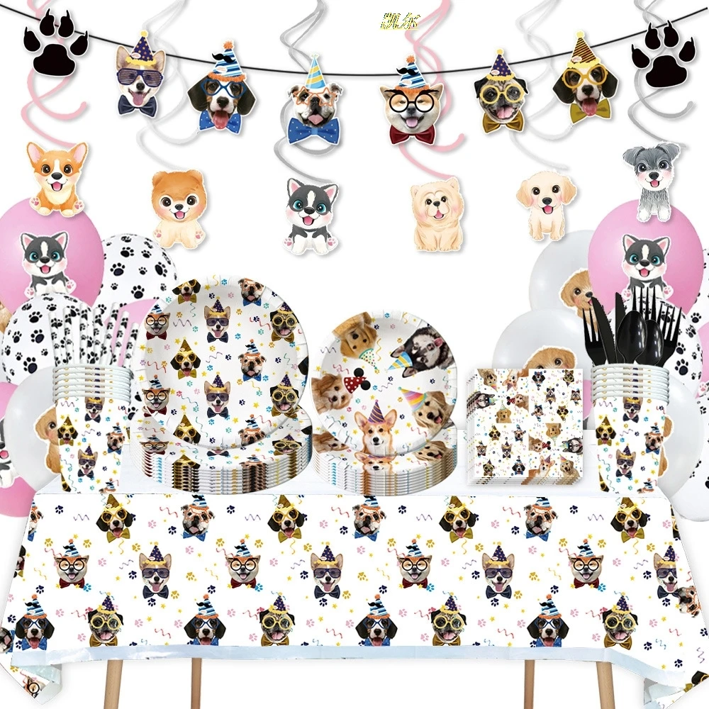 New Dog Pet Birthday Dog Paw Theme Party Cutlery Plate Cup Tissue Balloon Background Cloth Children's Party Decoration