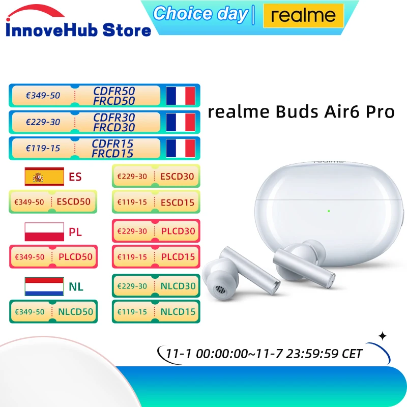 Global Version realme Buds Air6 Pro Wireless Earphone 50dB Active Noise Cancellation Up to 40Hours Battery Life Headphone