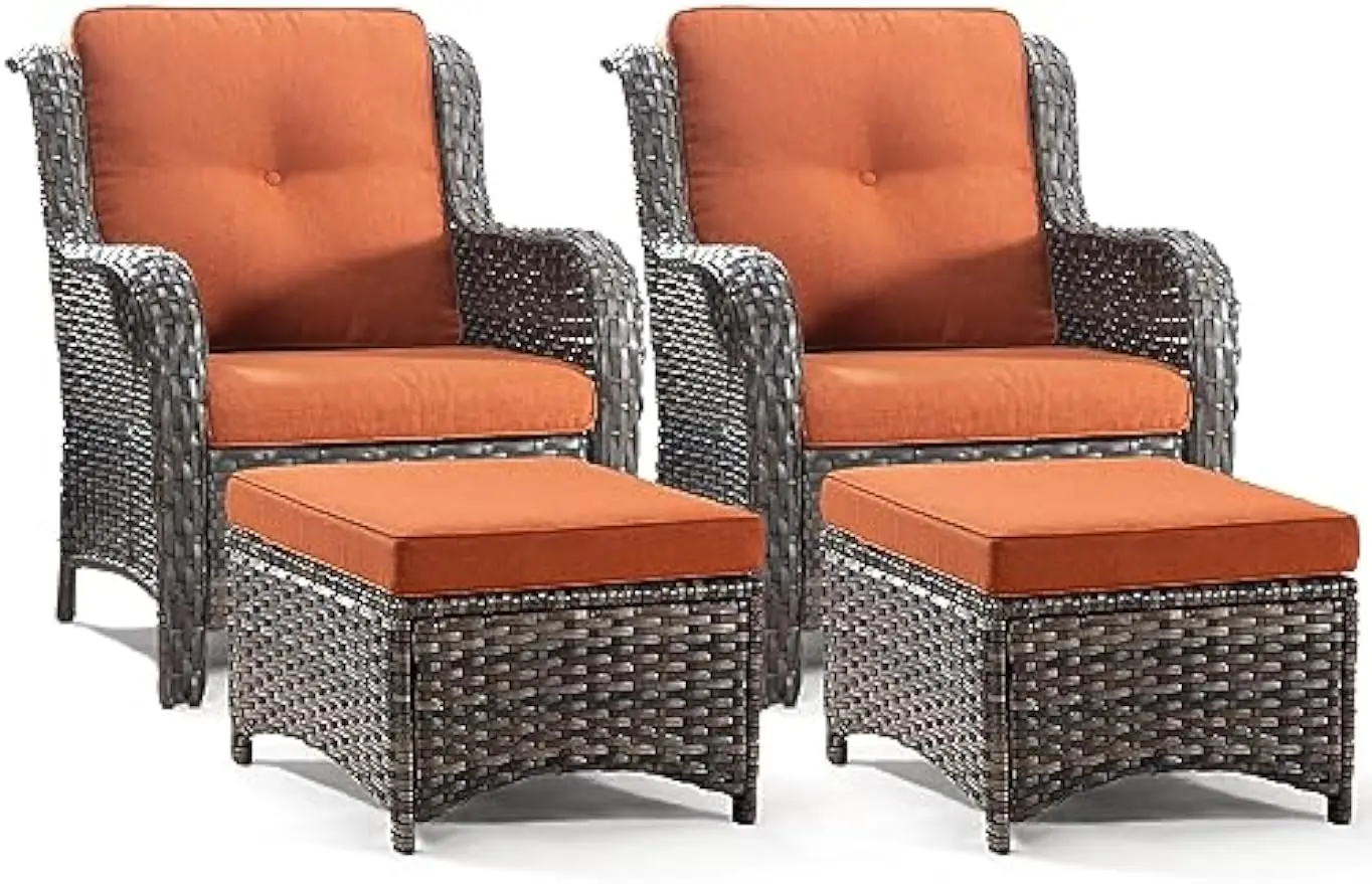 

4 PCS Outdoor Patio Furniture Set Wicker Conversation Bistro Set 2 PE Wicker Patio w/ 2pcs Ottomans for Backyard, Porch, Balcony