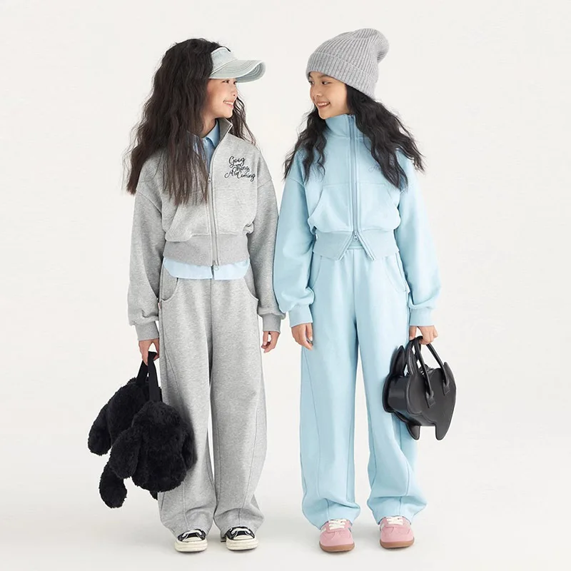 Girls Cotton Alphabet Double Zip Crop Workout Sweatshirt Jacket+Sweatpant School Kids 2PCS Tracksuit Child Jogger Outfit