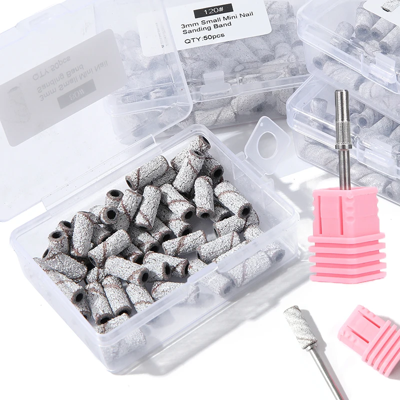 TFSCLOIN 50PCS 3MM Mini Stainless Steel Sanding Bands Mandrel 3/32" Shaft Nail Drill Bit Accessories Tools #80 #120 #180 #240