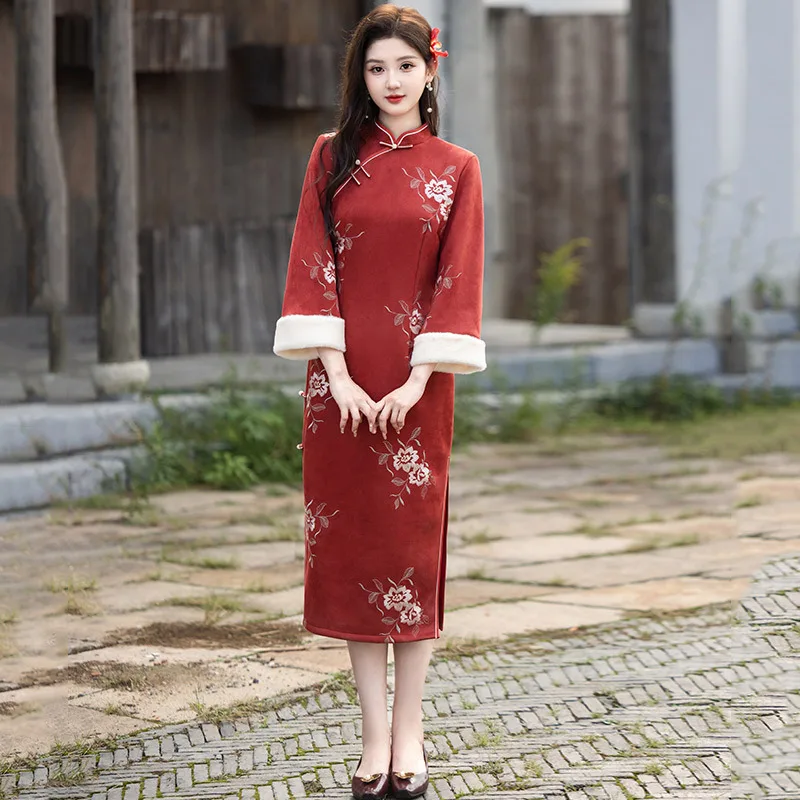 

Yourqipao красное зимнее новогоднее платье с вышивкой, утепленное флисовое ретро Cheongsam, вечернее платье Ципао в китайском стиле для женщин