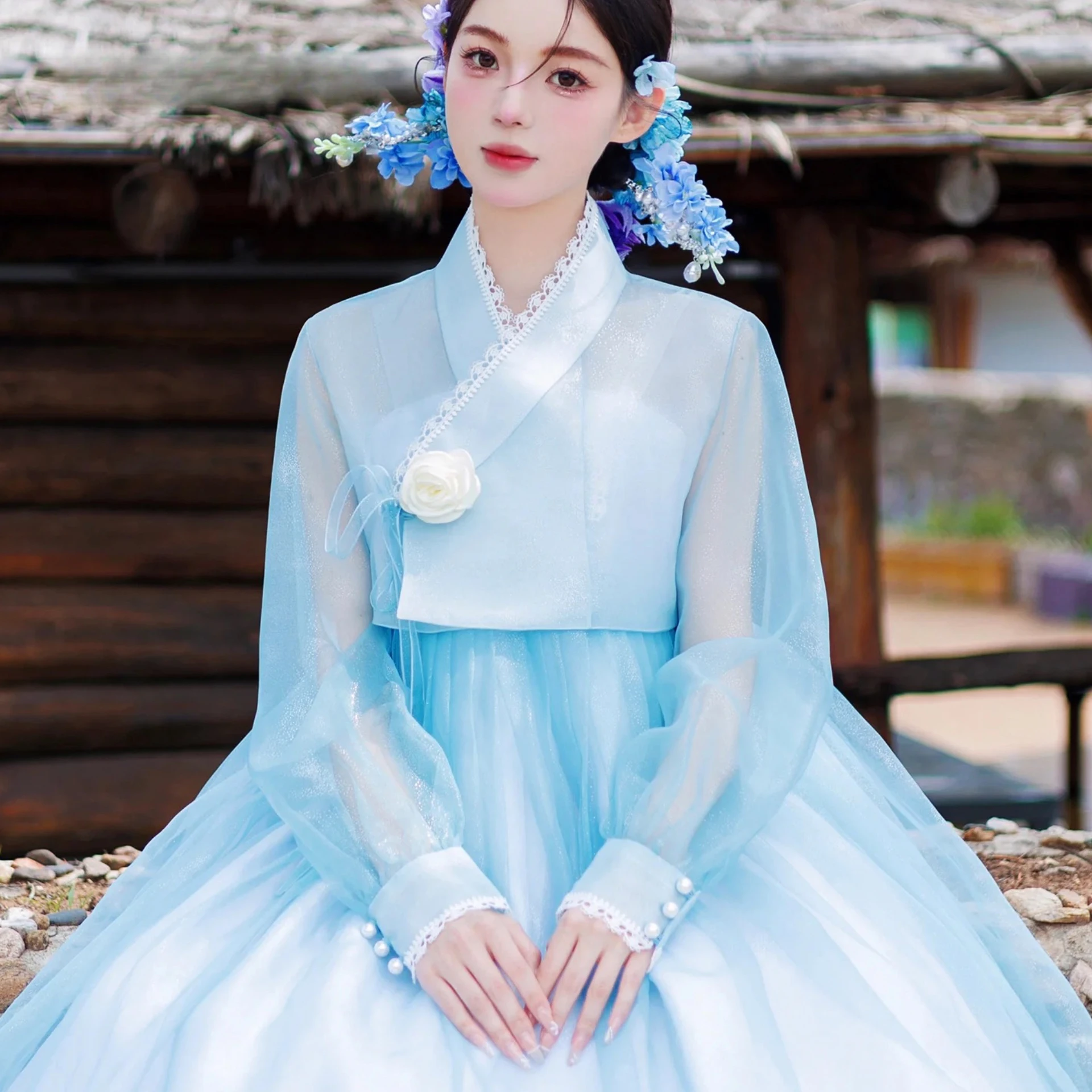 

Traditional Korean Clothing Hanbok Dress for Women New Blue Modernized Hanbok Halloween Costume Cosplay Wedding Hanbok 한복