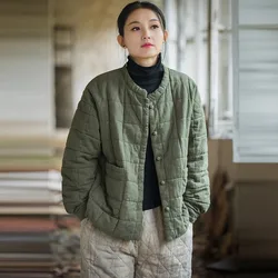 High Quality Women Casual Quilted Coats New 2024 Winter Vintage Style Solid Color Loose Female Cotton Linen Padded Jackets M165