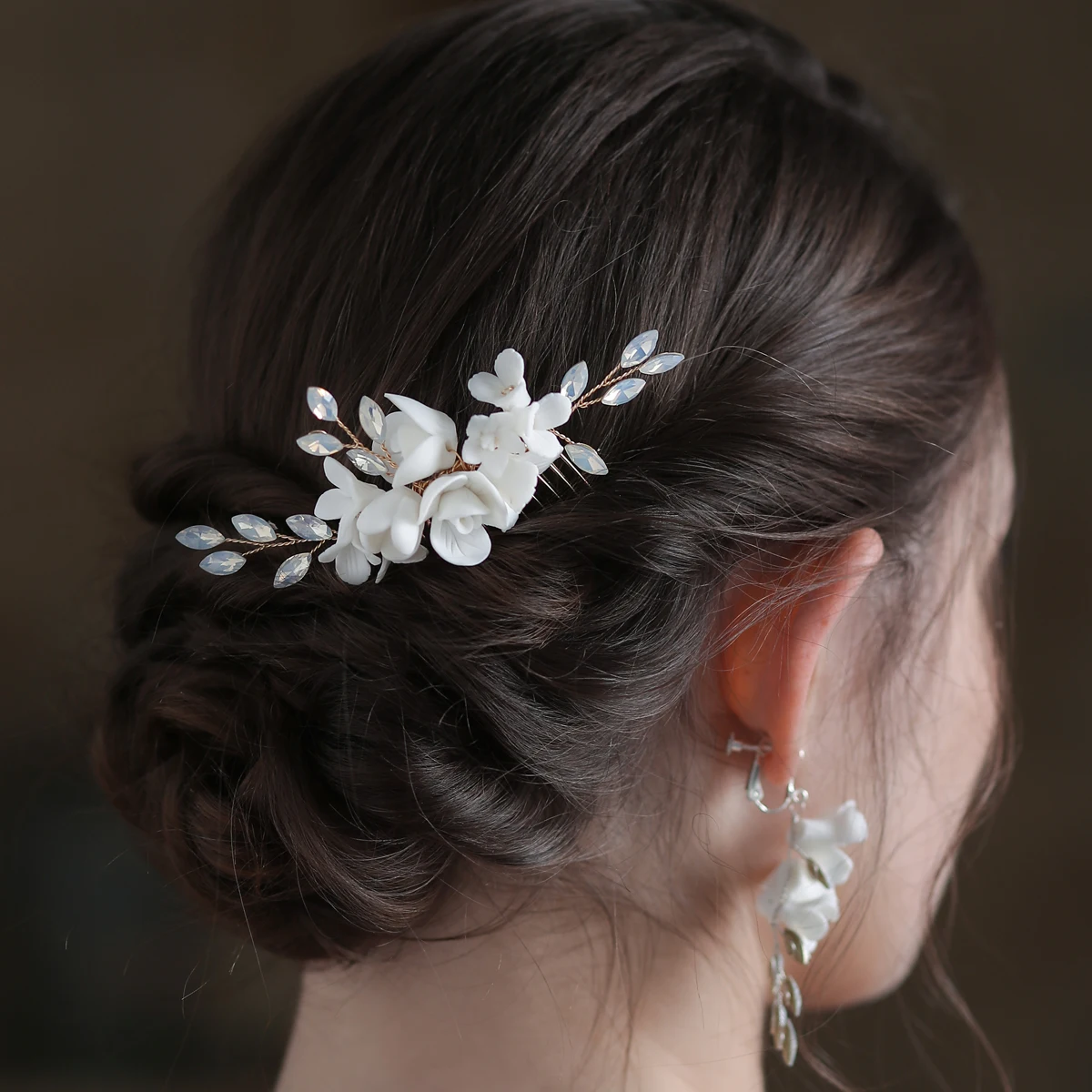 

O598 Luxurious Wedding Bridal Hair Comb Handmade Rhinestone Crystal Ceramic Flower Bride Bridesmaid Headpiece Hairwear Ear Clip