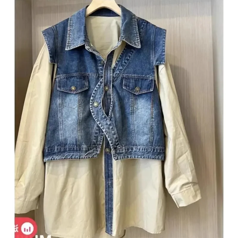 Fake Two Pieces Fashion Denim Shirt Jacket Women\'s Spring/Summer New Design Sense Stitching Women Jackets Temperament Coat Top