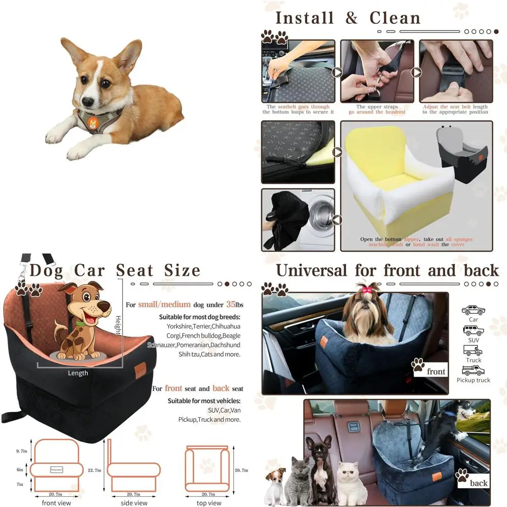 

Elevated Car Seat for Small to Medium Dogs up to 30 lbs, Comfortable Memory Foam Bed, Detachable and Washable, Black/Brown