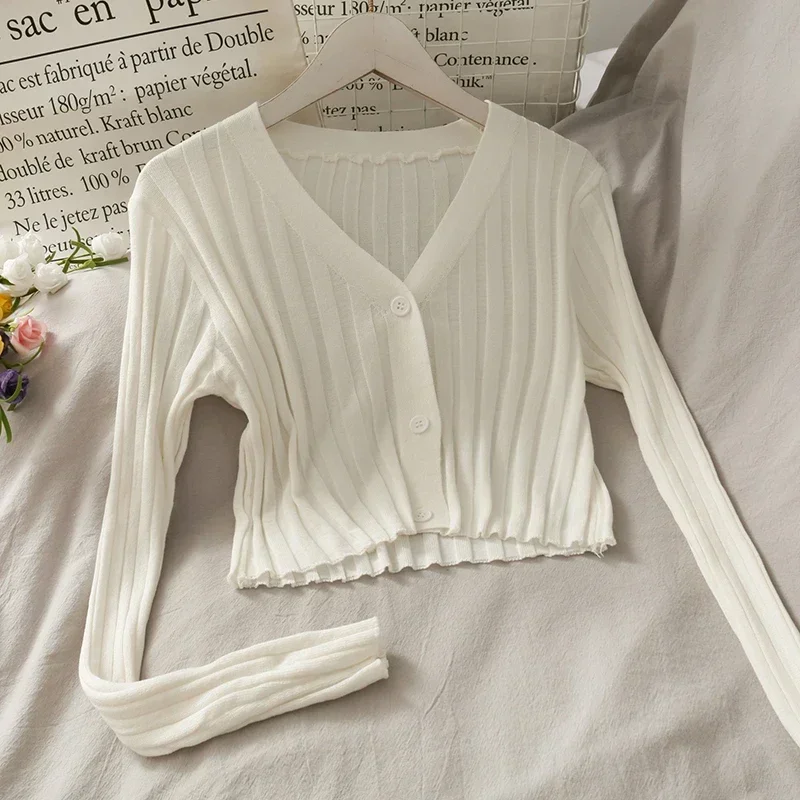 2026 Cardigan da donna in acrilico a maniche lunghe con scollo a V abbottonato slim corto in maglia a costine sottile tinta unita elasticizzato Crop Top Maglieria