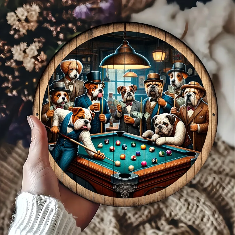 Perros de estilo vintage jugando en la piscina, arte de pared | Diseño canino antropomórfico caprichoso, aluminio duradero, fácil de colgar, decoración de puerta