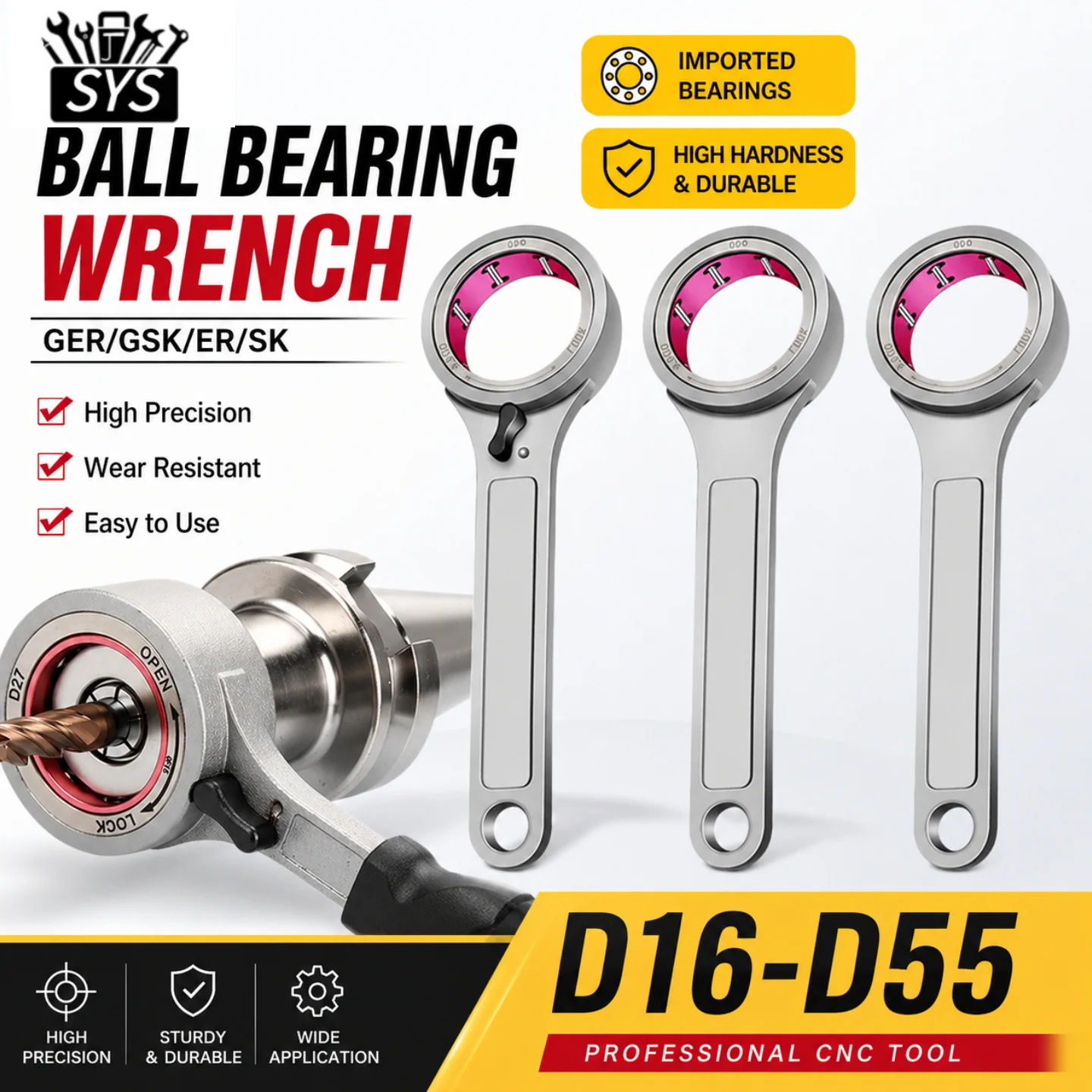 SYS Collet, Nut, Bearing, Ball Wrench, GER/GSK/ER/SK Milling Machine, CNC Tool Holder, Nut Accessories, CNC TOOLS