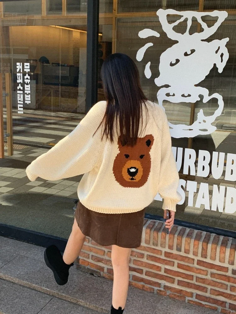 Korobov Cute Cartoon Design Back Bear Sweaters Letter Jacquard Jumpers Loose Mid-length Pullover Korean Fashion Sueters De Mujer