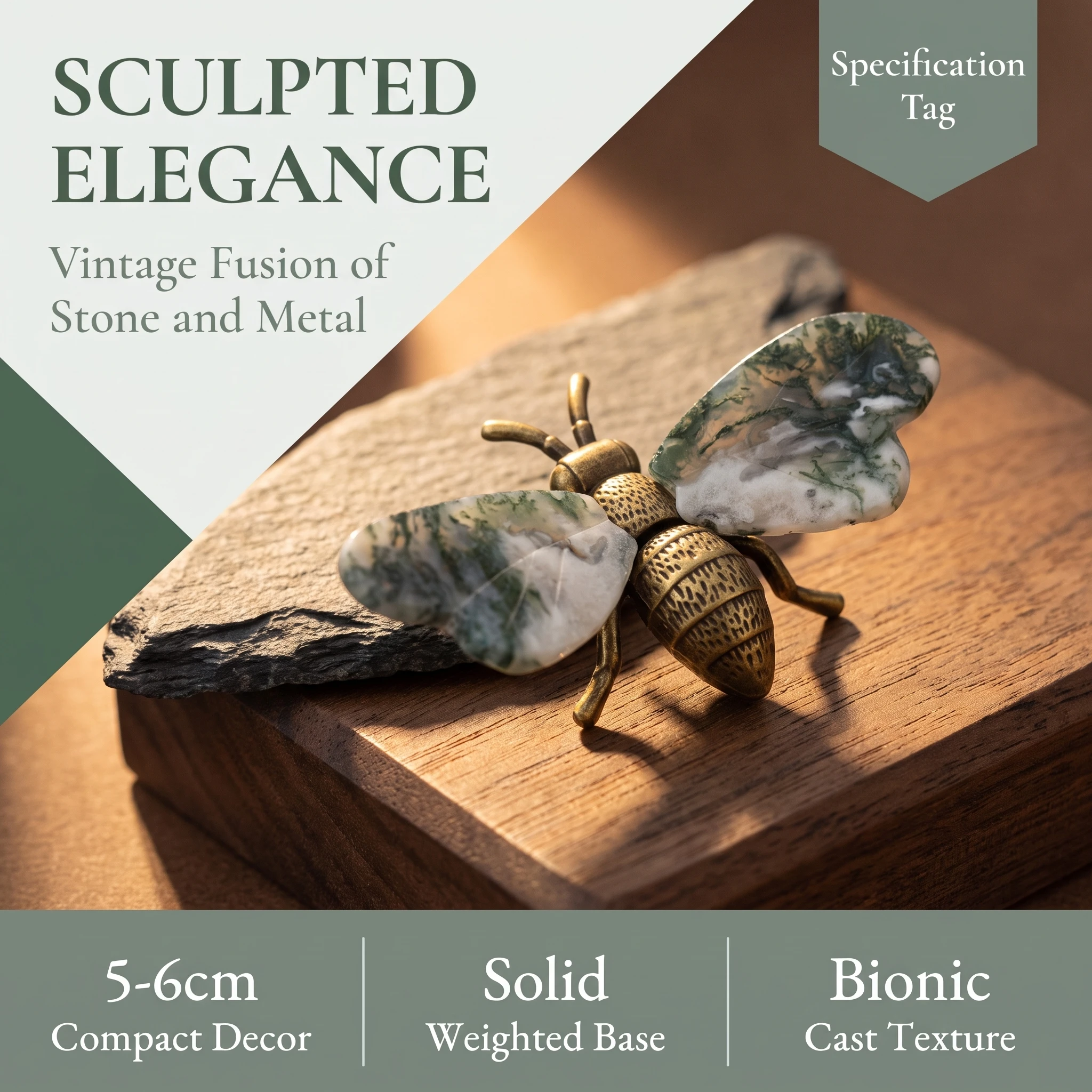 Creative Bee Shaped Paperweight Natural Crystal Stone Wings Metal Bee Statue Vintage Home Decor Desktop Ornament Office Gift
