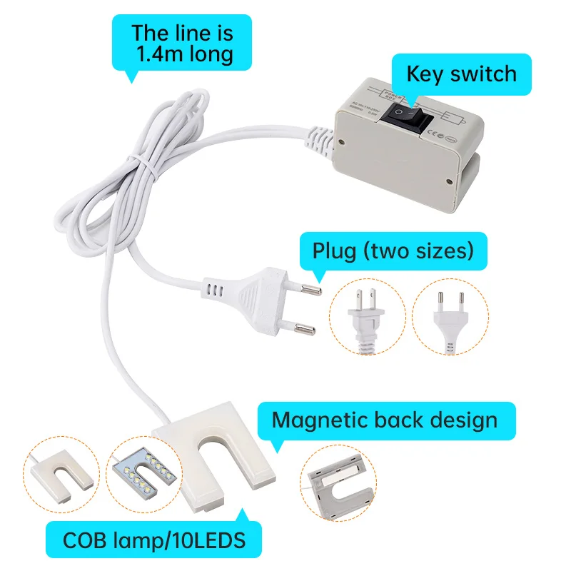 Lampe d'éclairage industriel flexible en forme de U pour machine à coudre, base magnétique, lumières de travail pour établi, prise EU, US, 10LED, COB