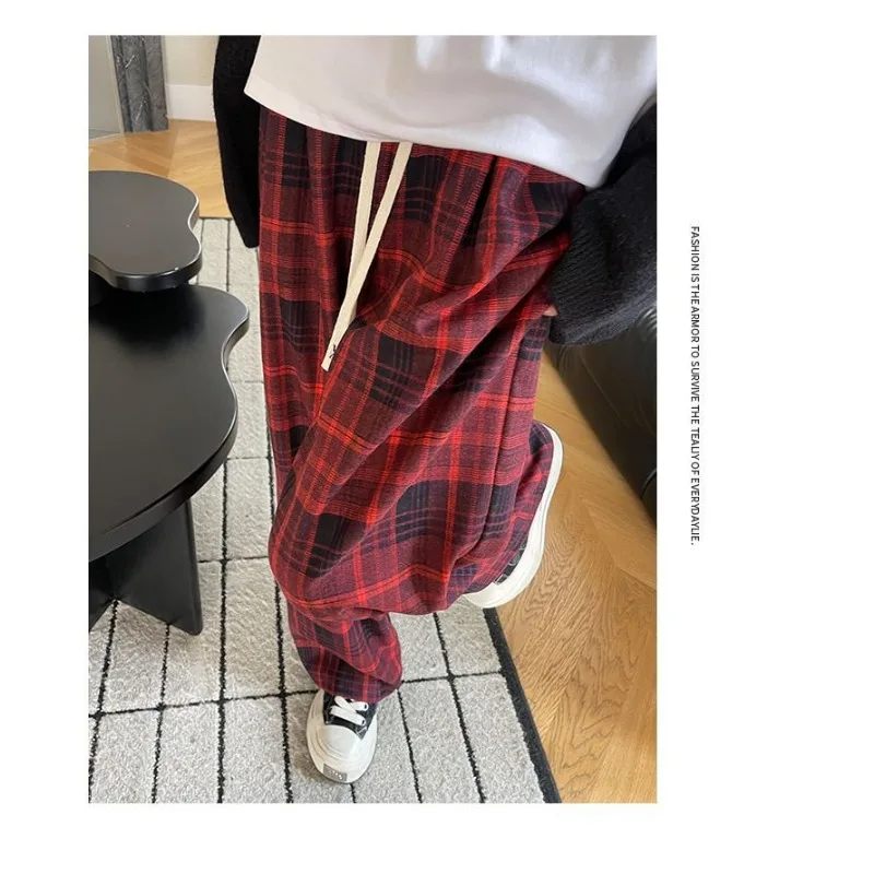 レトロな格子柄の女性用秋物ハイウエストルーズスリムストレートリラックスカジュアルワイドレッグパンツ