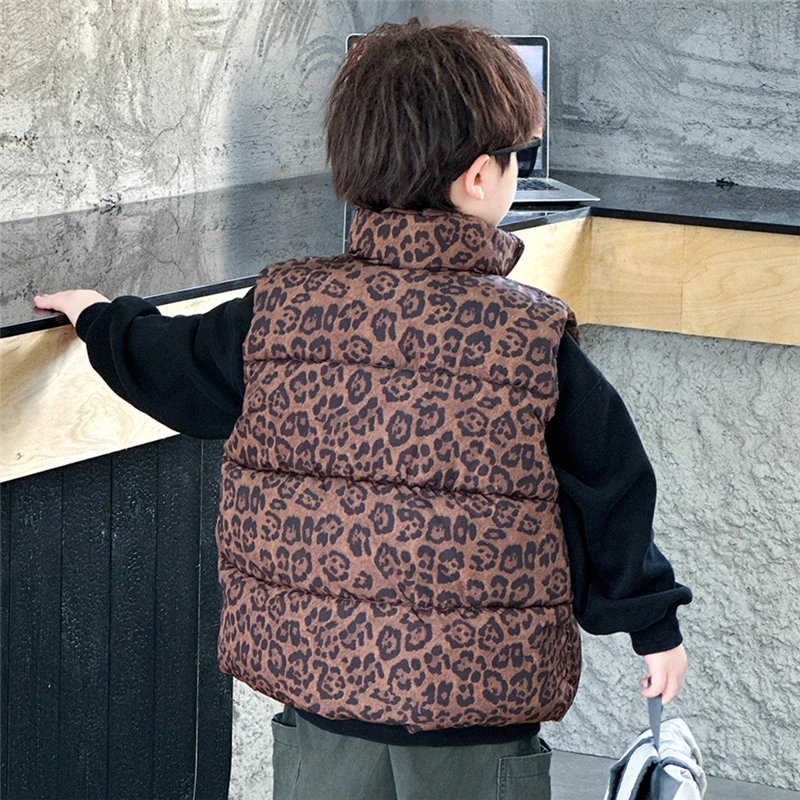 New Fashion Baby Boy Girl Leopard Print Sleeveless Vest Elegant Kids Children Winter Waistcoat Age 2 3 4 5 6 7 8 9 10 11 Years