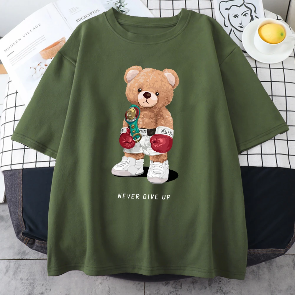 Strong Boxer Bear Never Give Up Men Clothing Loose All-Math Trend Cotton T-Shirts Casual Personality Short Sleeve Mans Tee Tops