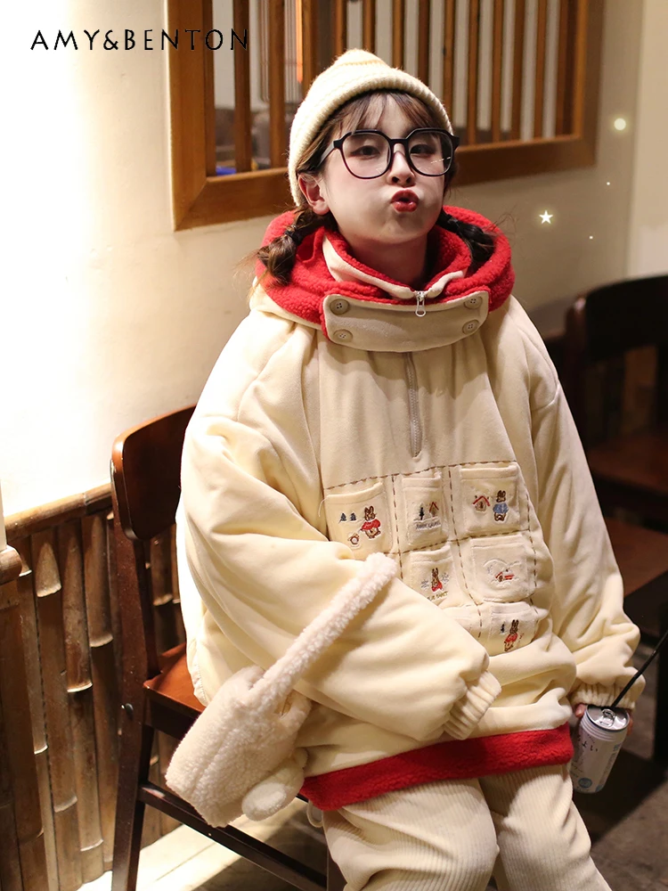 

Autumn Winter New American Retro Style Cream Yellow Cartoon Print Pocket Embroidery Thickened Plush Hooded Cotton Jacket