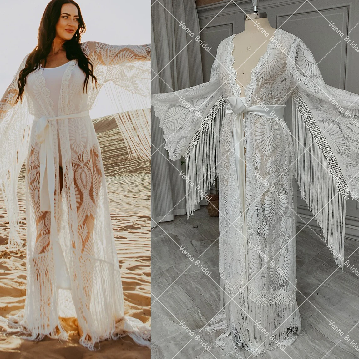 Lace Fringed Wedding Robe Dress No Lining Transparent Long Batwing Sleeves V Neck Tassels Loose Maternity Pregnant Women Gowns