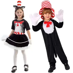 Halloween Character Cosplay Kids Boy Girl Kit Dr. Seuss Dress Up Set Cat in the Hat Costume Top Hats Outfit
