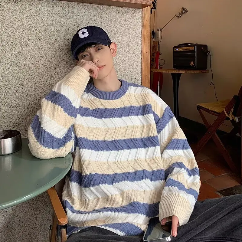 

Men's Oversized Thiened Sweater 250 Pou Winter Stripe Loose Lazy Sle High-End Trendy Brand Long Sve Knitted Top