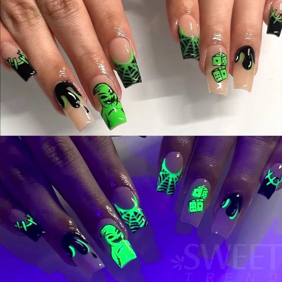 3D Luminous Nail Sticker Spider Web Skull Halloween Black White Glowing in the Dark DIY Nail Art Slider Foils Tattoo Decals JICY